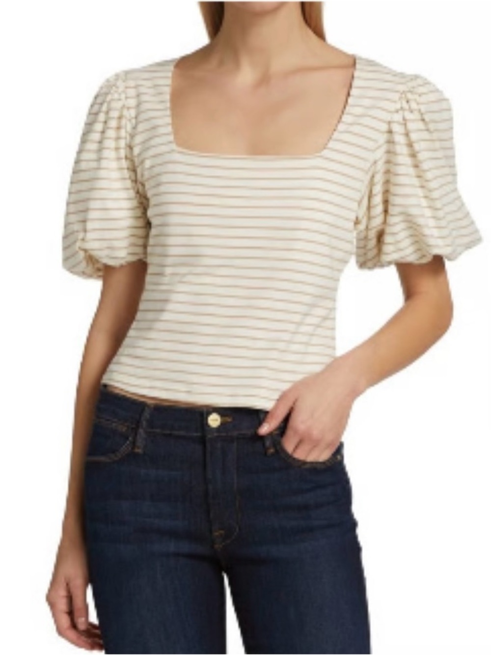 Frame Striped Cream Puff-Sleeve Square-Neck Top - Cream